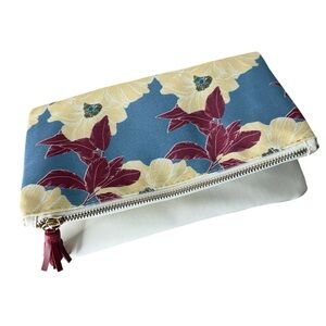 RACHEL PALLY Reversible Clutch Purse Pouch Floral White Cream Blue Zipper
